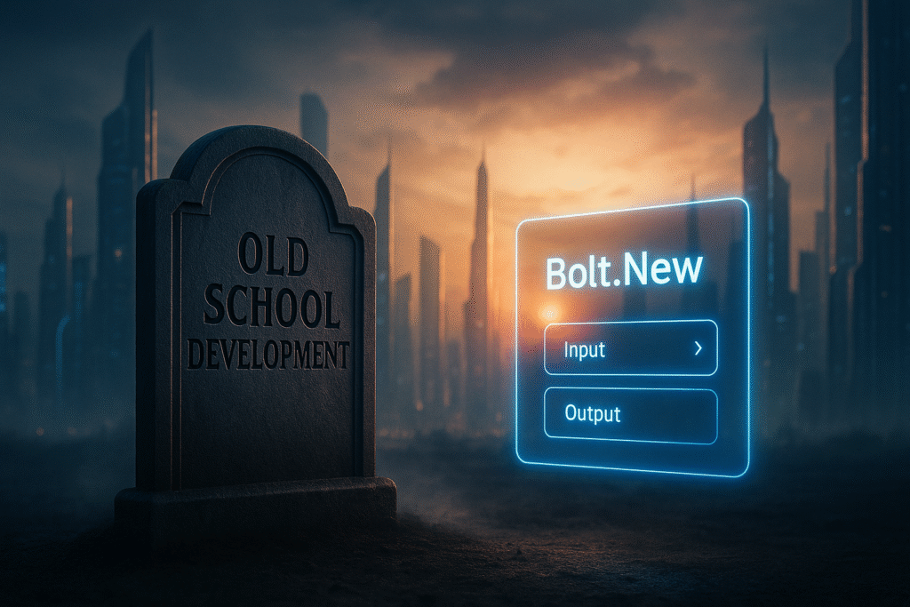 Tombstone for old-school development and futuristic Bolt.New no-code AI platform, symbolizing the shift to modern app creation.