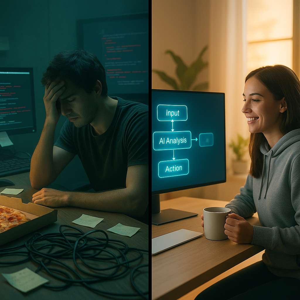 Visually comparing frustrated traditional developer and empowered no-code Bolt.New user working on AI apps.