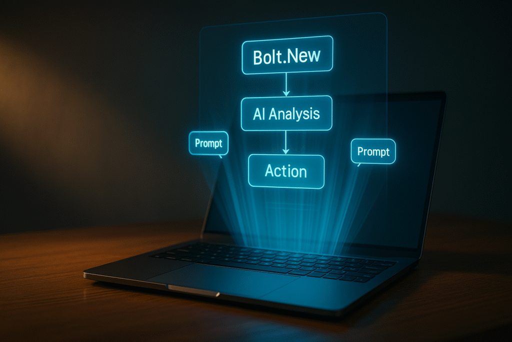 Visual workflow interface of Bolt.New no-code AI app builder with drag-and-drop design blocks.